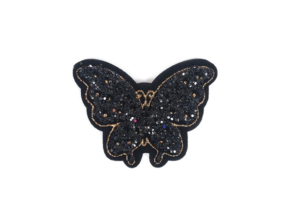 Patch Schmetterling mit Strasssteinen silbern schwarz Applikation Bügelbild 